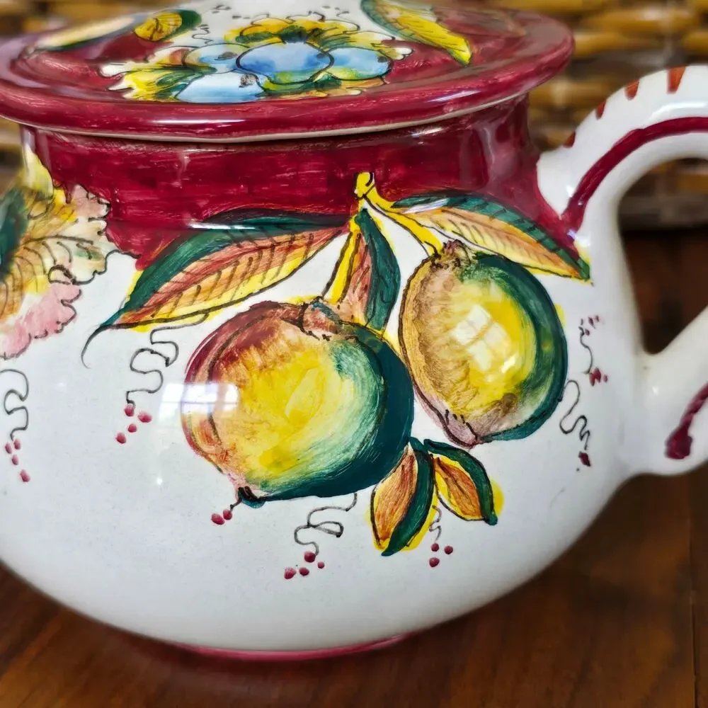 Deruta Hand Painted Teapot Red Multi Summer Fruit Italy Cottagecore Gardencore